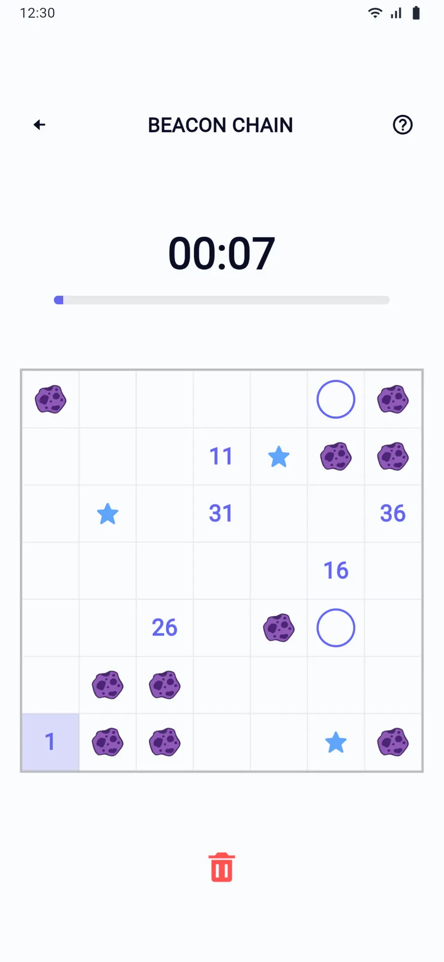 Beacon Chain: a grid of numbered beacons, stars and asteroids