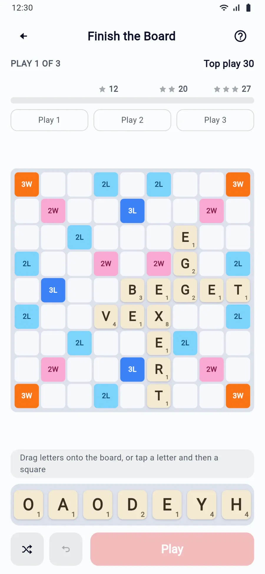Finish the Board: a half-played word board and seven letter tiles