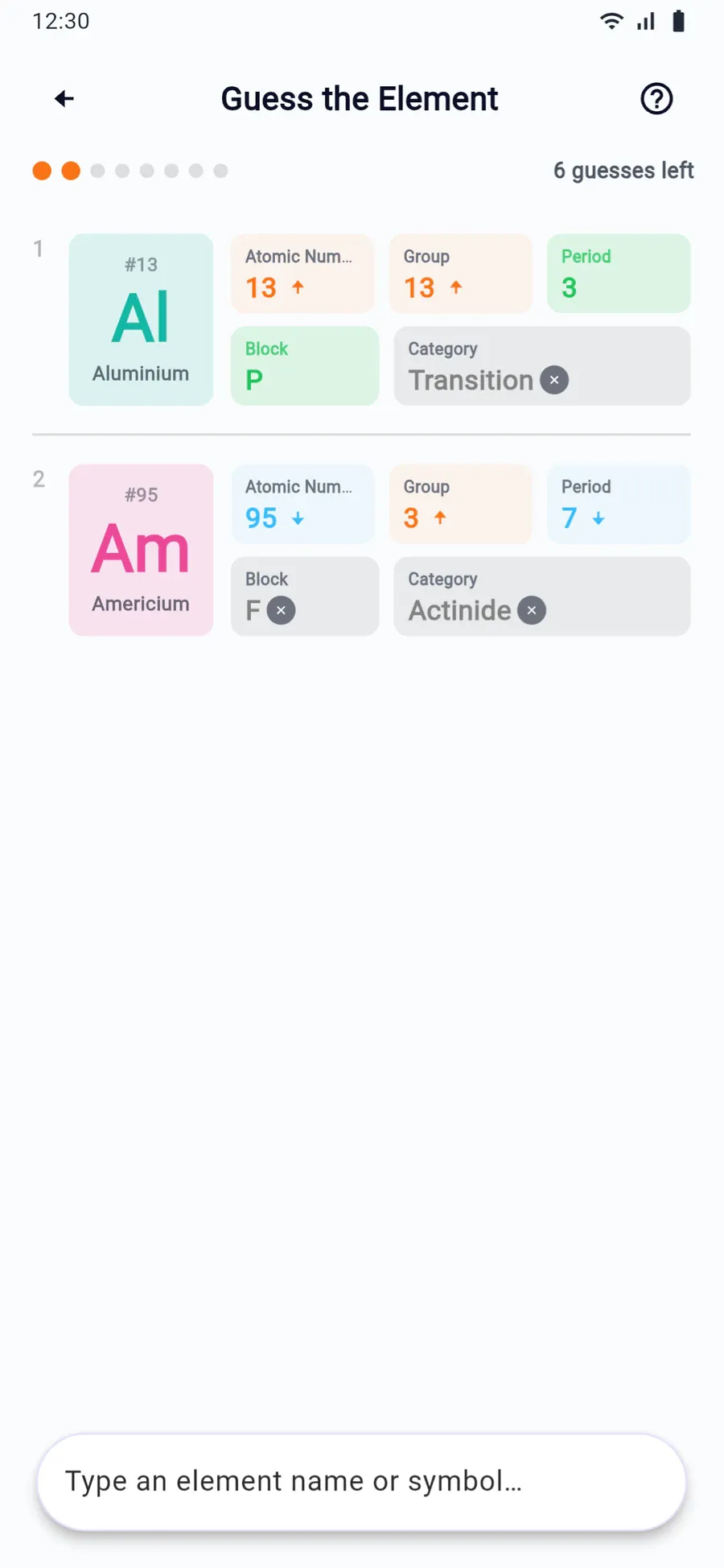 Guess the Element after two guesses, aluminium and americium, each compared with the hidden element