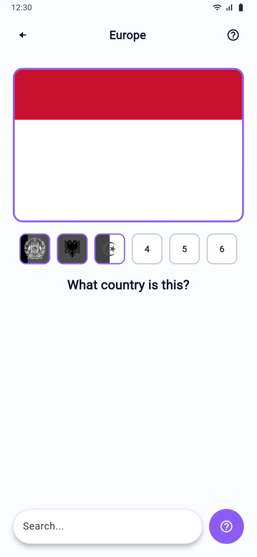 Guess the Flag after three wrong guesses: half of a European flag is uncovered, with the guessed flags below