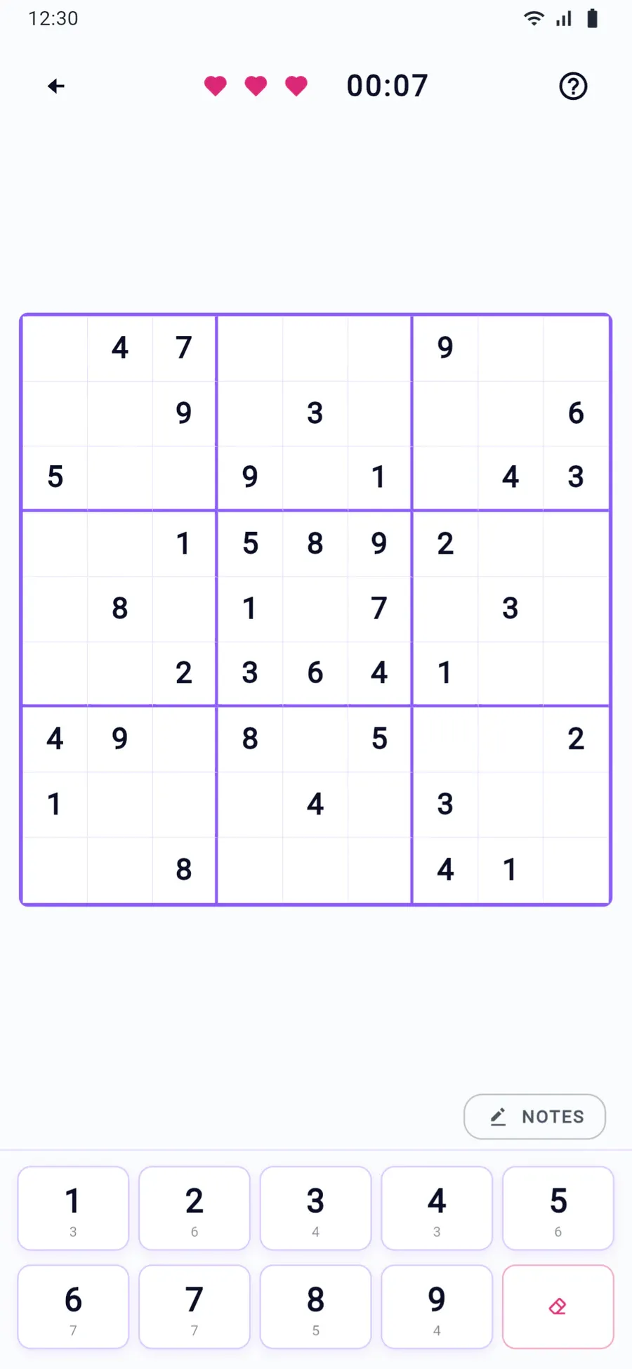 The daily Sudoku with three lives and a number pad