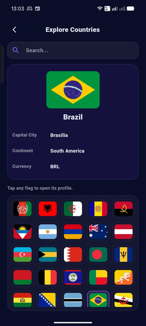 Explore Countries — browse capitals, continents, and currencies